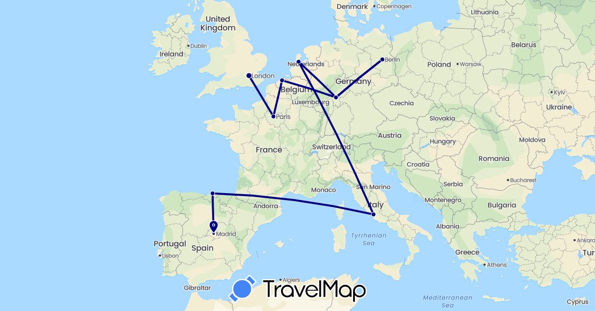 TravelMap itinerary: driving in Belgium, Germany, Spain, France, United Kingdom, Italy, Netherlands (Europe)